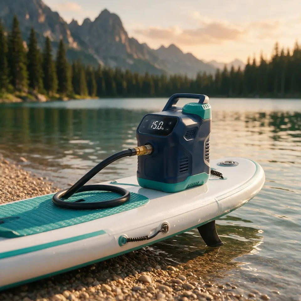KraftPump Akku SUP-Pumpe pumpt ein Paddle Board am See auf – Display zeigt 15 PSI